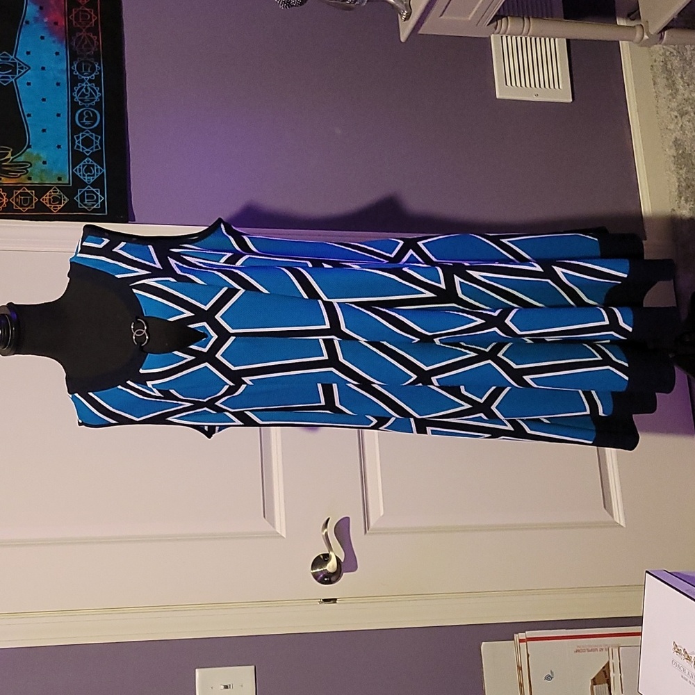 NWOT Blue/turquoise abstract print sleeveless midi dress.